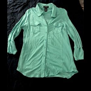 Large mint green stretch cotton button up top
